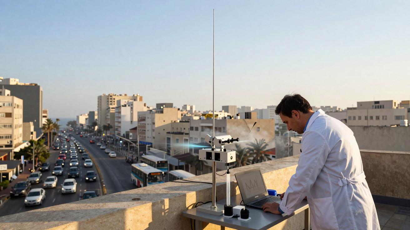 Homem de jaleco branco usando laptop ao lado de equipamento de monitoramento em prédio alto com cidade ao fundo.