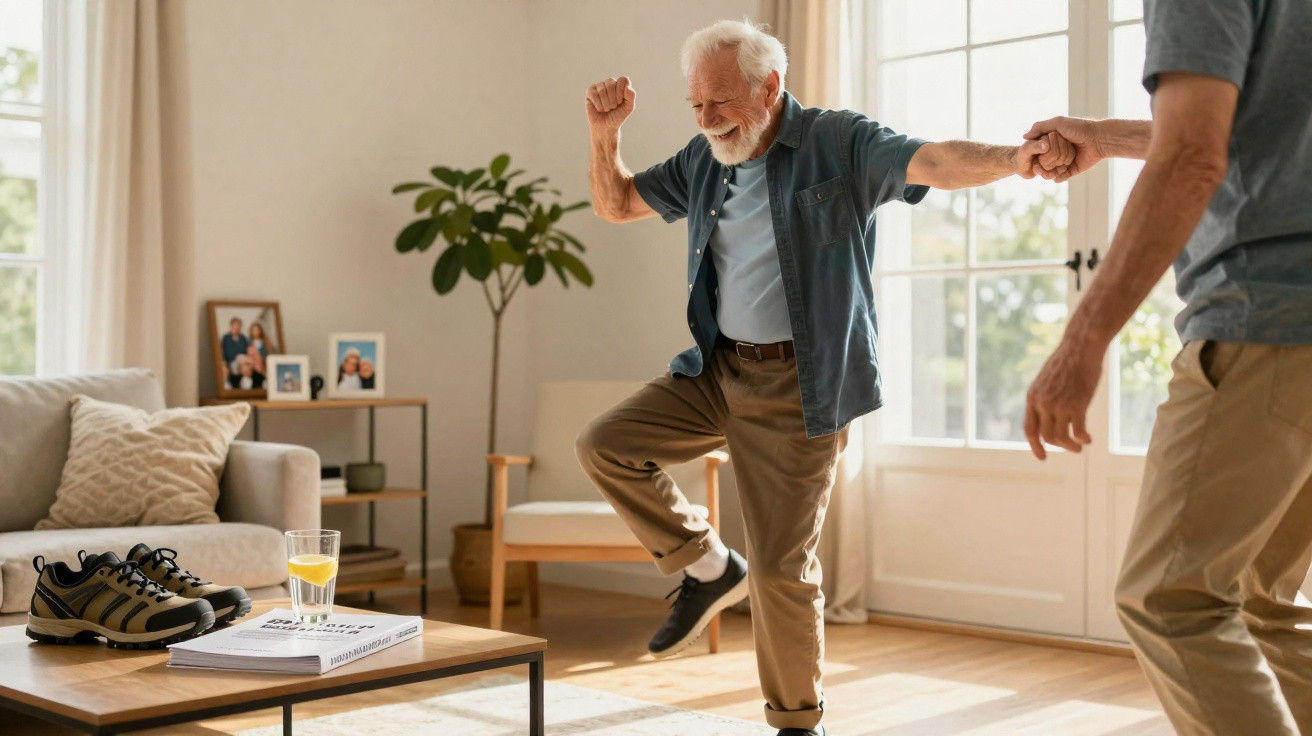 Homem idoso alegre dança em sala iluminada, segurando a mão de outra pessoa.