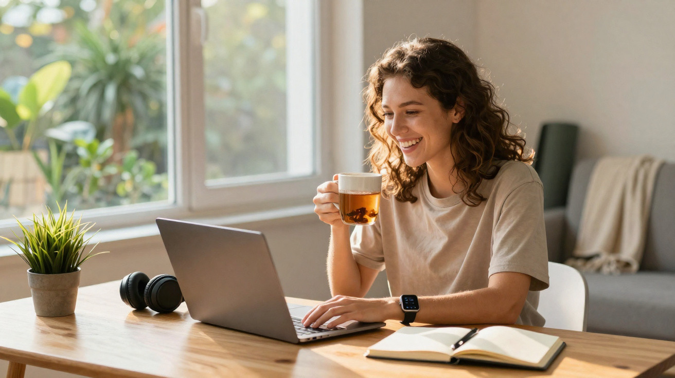 Mulher sorridente tomando chá enquanto trabalha em laptop, com caderno aberto e fone sobre a mesa.