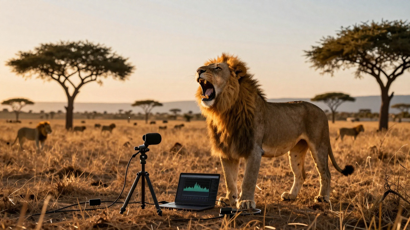 Leão ruge na savana próximo a microfone e laptop que capturam seus sons ao amanhecer.