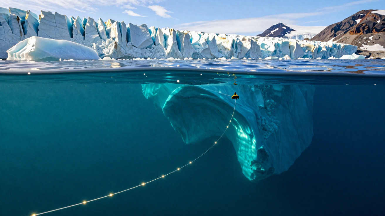 Vista dividida entre iceberg visível acima e abaixo da água, com corda e estrutura amarela suspensa.
