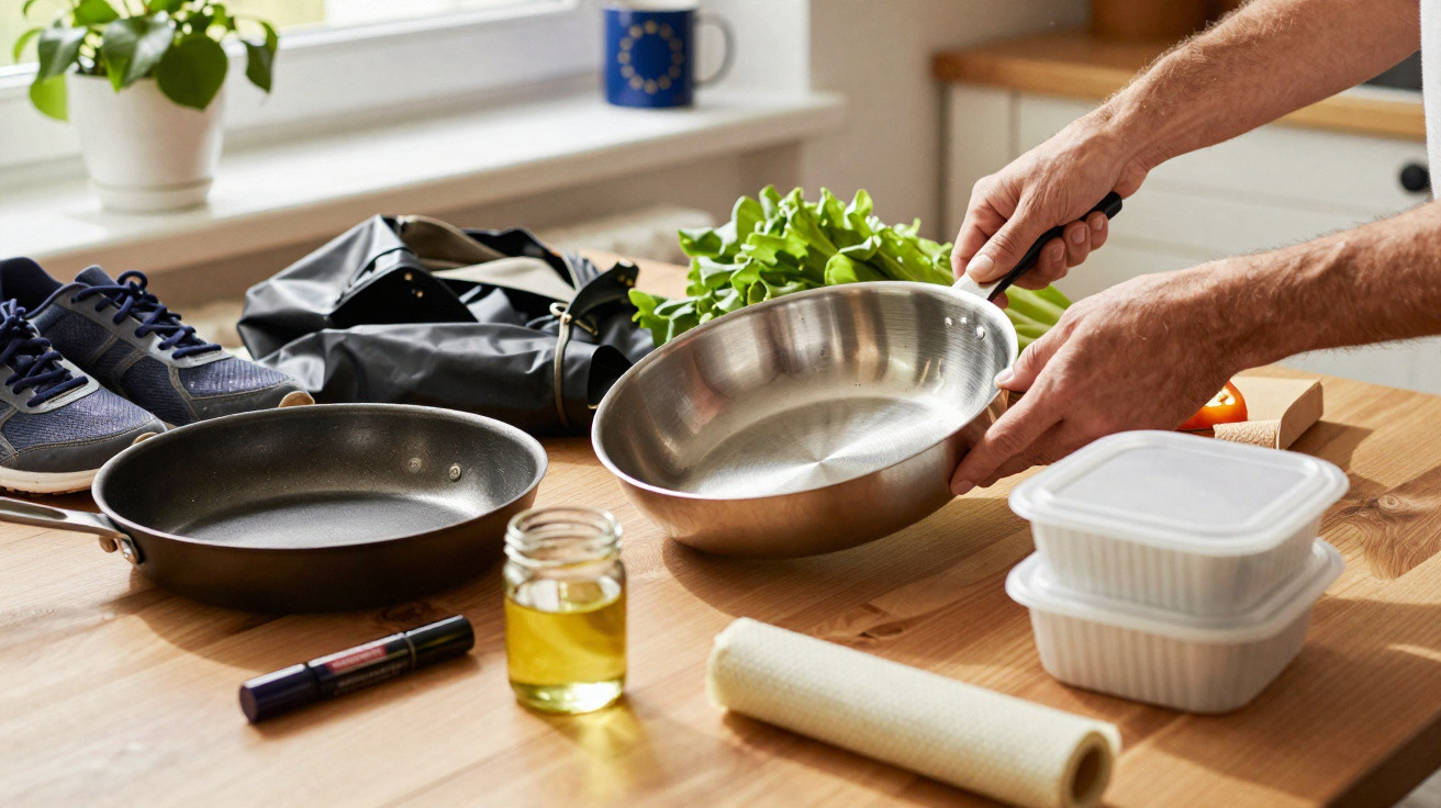Mãos segurando frigideira de inox sobre mesa com frigideira antiaderente, alface, potes, óleo e objetos pessoais.