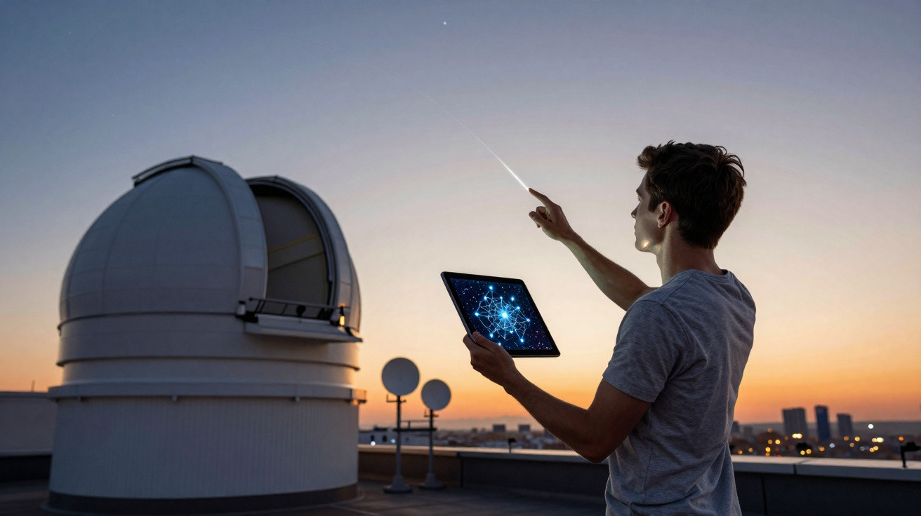 Homem usando tablet com imagens de conexões digitais, apontando para o céu ao pôr do sol próximo a observatório.