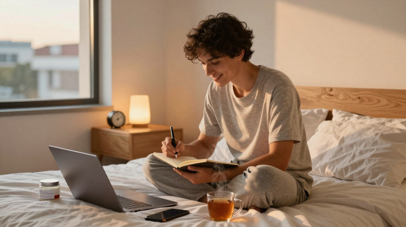 Jovem sentado na cama escrevendo em caderno com laptop, chá e celular ao lado em quarto com luz amarela.