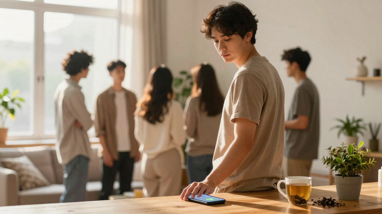 Jovem olhando para o celular enquanto grupo conversa ao fundo em ambiente iluminado e acolhedor.
