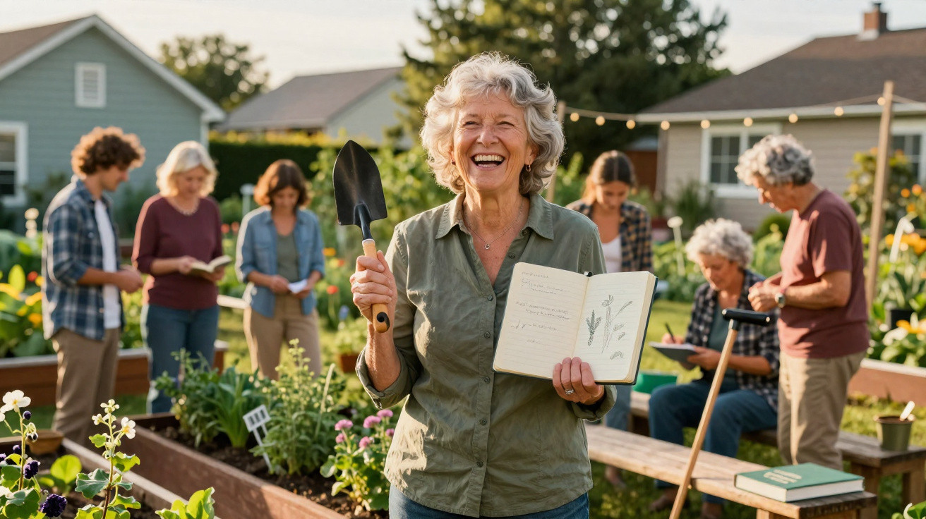 Mulher sorridente segurando pá e caderno de anotações em jardim comunitário com grupo ao fundo.
