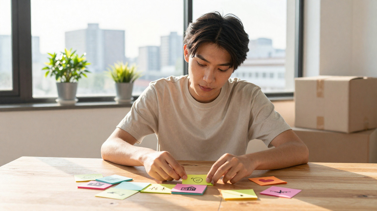 Homem jovem organizando anotações coloridas em post-its sobre mesa de madeira em ambiente iluminado.