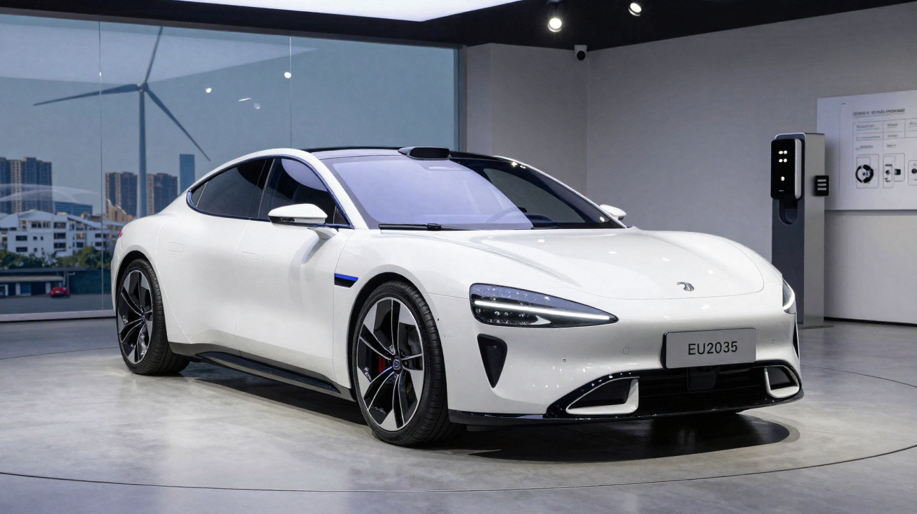 Carro elétrico branco moderno estacionado em showroom com parede de vidro e turbina eólica ao fundo.