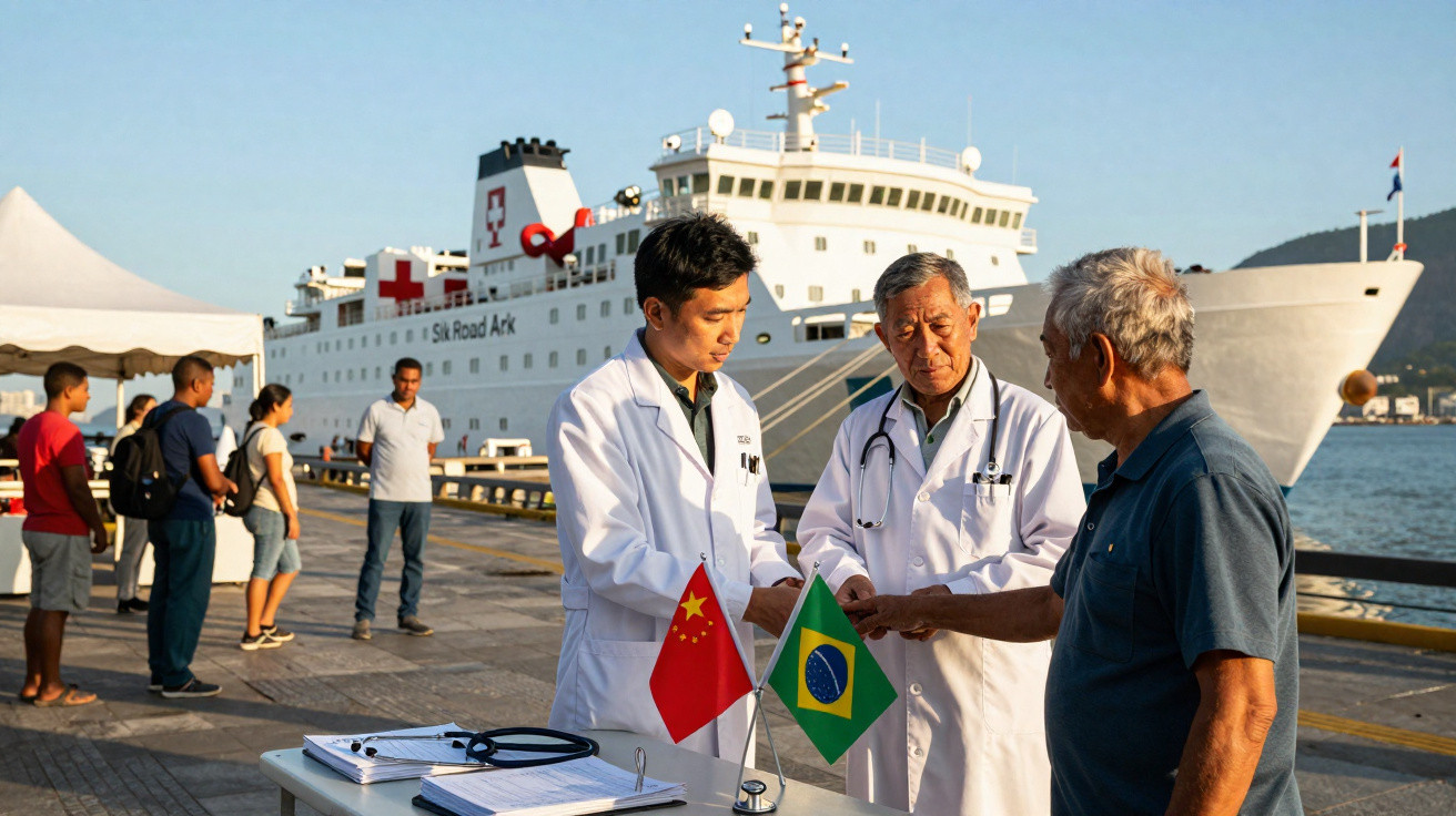 Dois médicos asiáticos atendem um homem idoso em um cais, com navio-hospital ao fundo e bandeiras da China e Brasil na mesa.