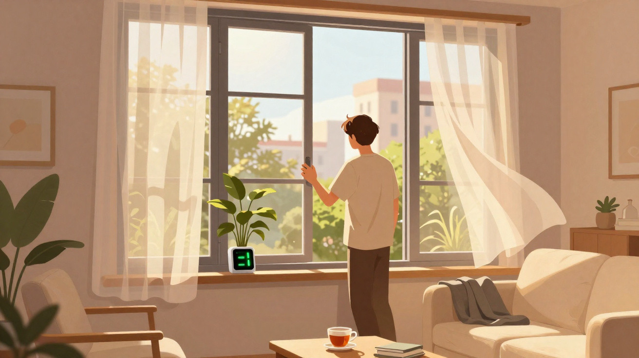 Pessoa abrindo janela em sala iluminada com plantas, cortinas esvoaçantes e relógio digital na janela.