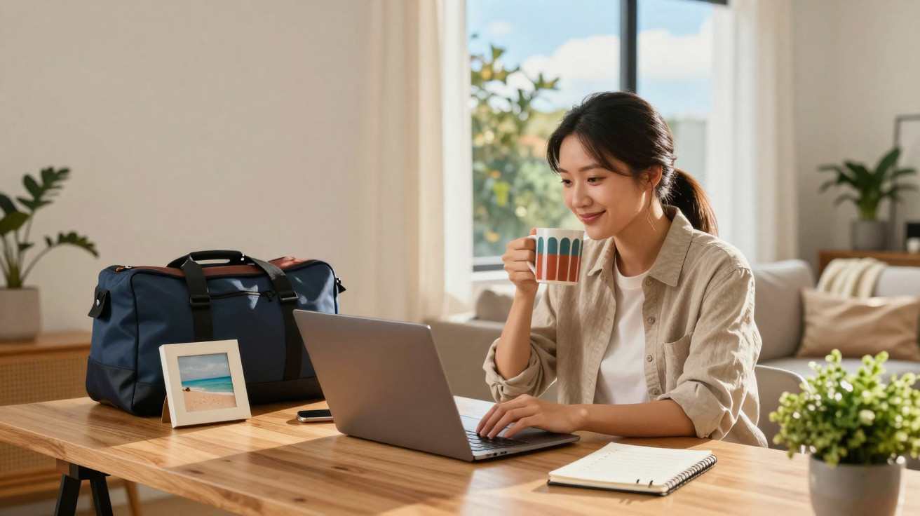 Mulher sorridente trabalhando no laptop enquanto toma café em sala iluminada e aconchegante.