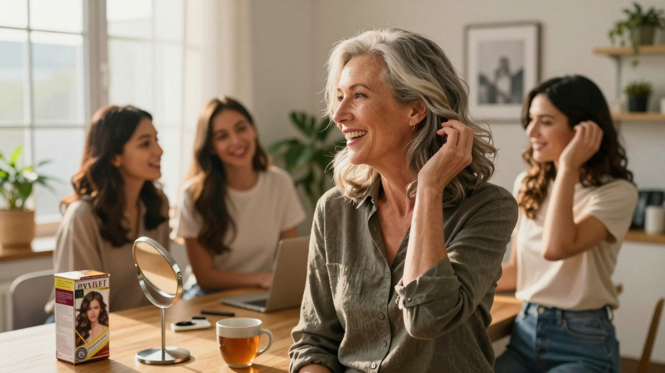 Mulher madura sorrindo em mesa com três mulheres jovens conversando ao fundo em ambiente iluminado.
