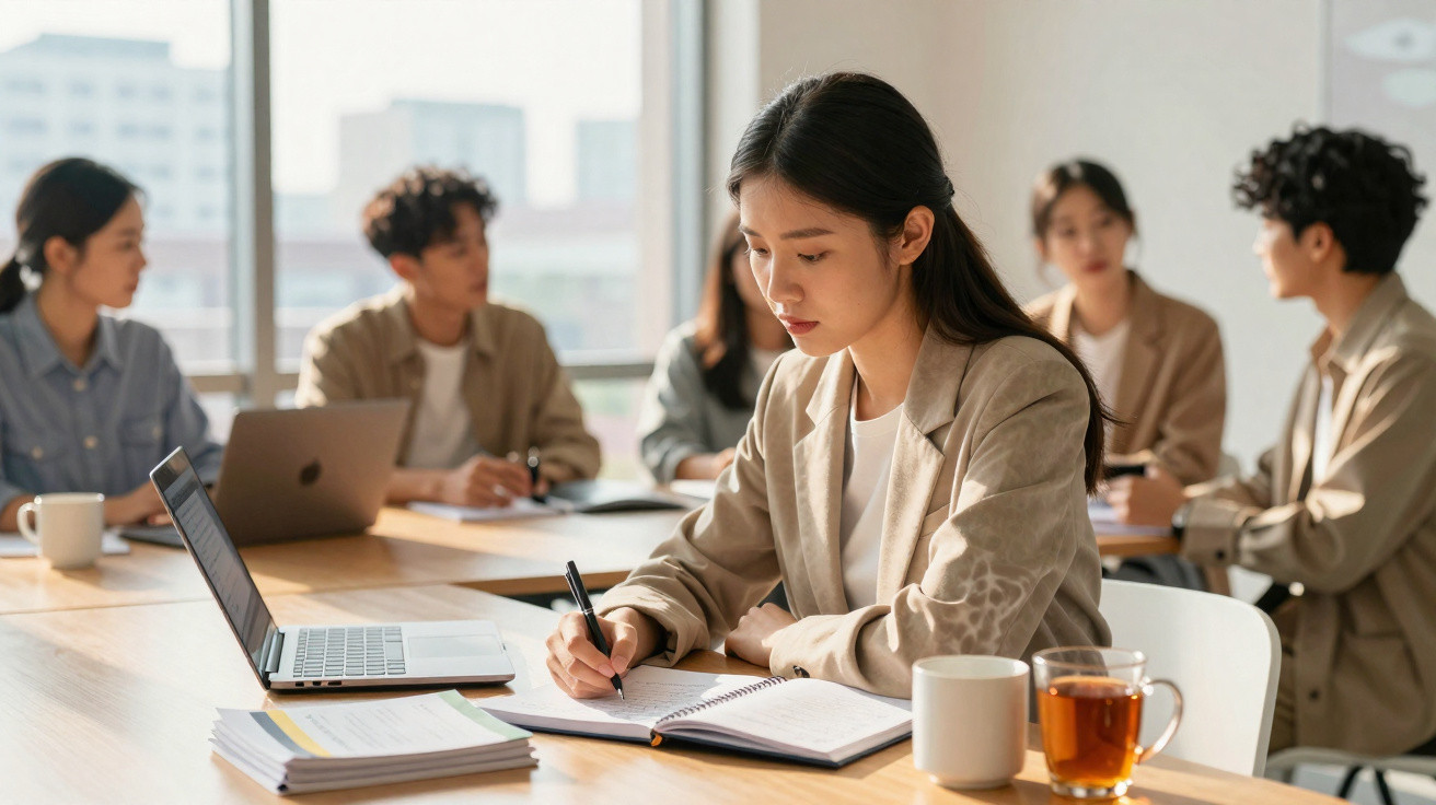 Jovem mulher concentrada escrevendo em caderno em reunião de trabalho com colegas ao fundo em sala iluminada.