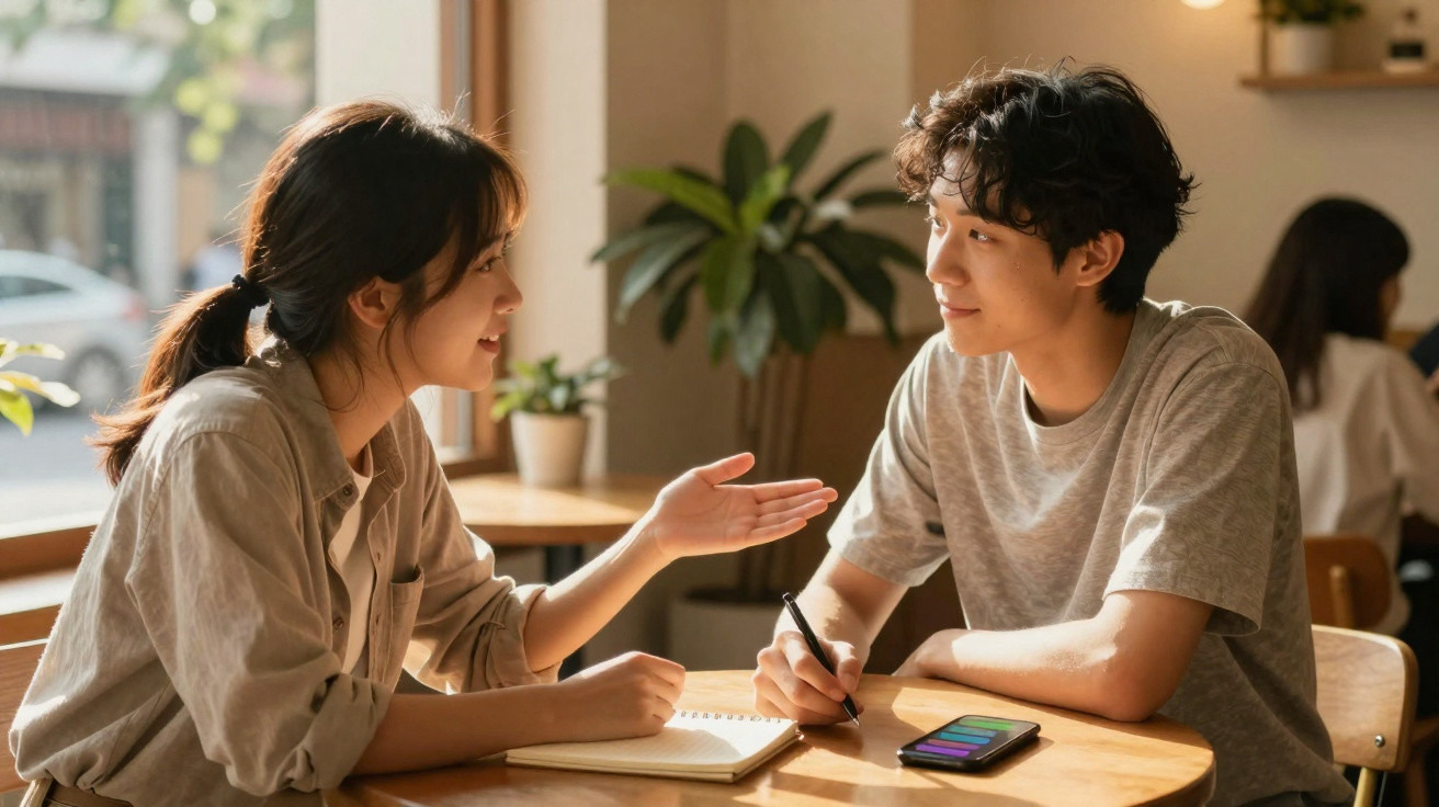Jovem casal sentado à mesa conversando, com caderno aberto e celular em café com luz natural.