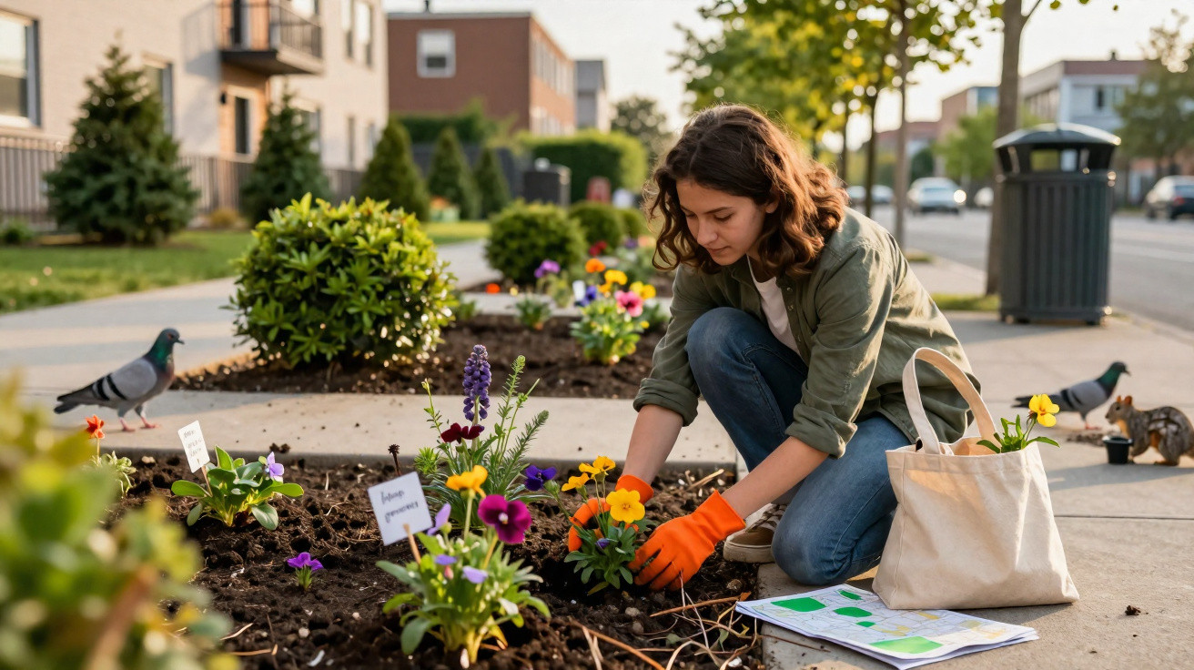 Jovem plantando flores coloridas em canteiro urbano à tarde, com luvas laranjas e bolsa ao lado.