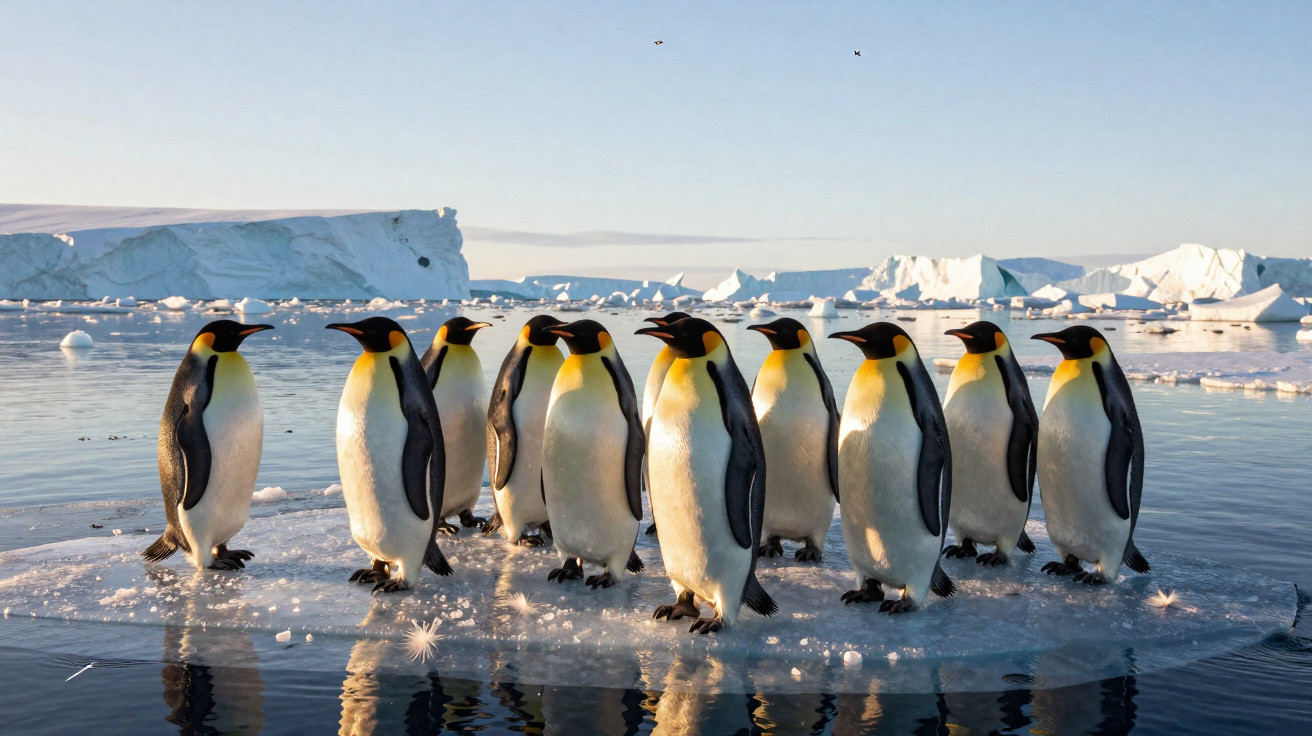Grupo de pinguins imperadores em uma placa de gelo flutuante com icebergues ao fundo sob céu claro.