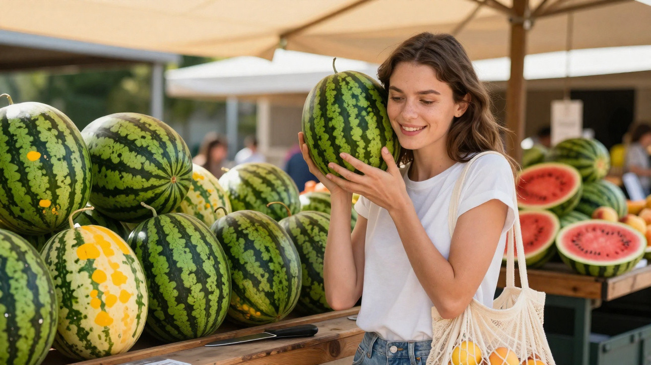 Mulher sorrindo segurando melancia em feira ao ar livre com várias melancias expostas ao fundo.