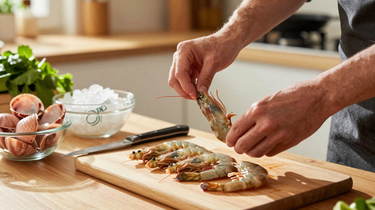 Mãos segurando camarão cru sobre tábua de madeira com mais camarões e tigelas de mariscos e gelo.