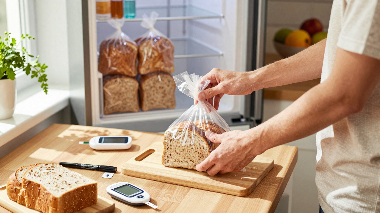 Pessoa fechando saco plástico com pão integral em cozinha com aparelho de medição de glicose na mesa.