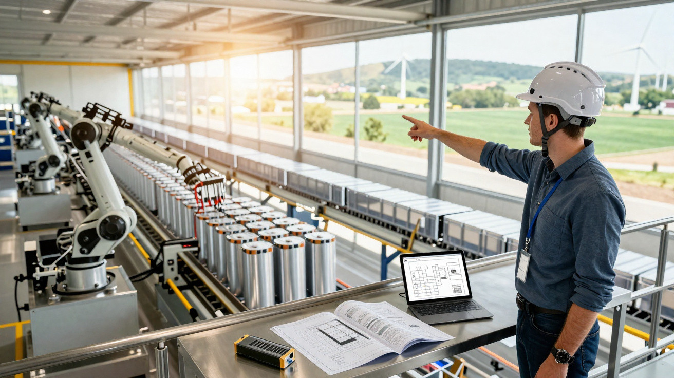 Engenheiro com capacete aponta para robôs automatizados em linha de produção industrial moderna.