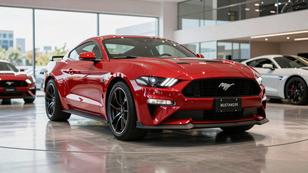 Carro esportivo Ford Mustang vermelho em exposição dentro de loja com piso espelhado.