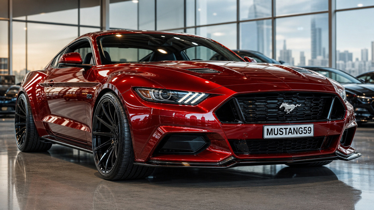 Carro esportivo Ford Mustang vermelho brilhante estacionado em showroom com paredes de vidro.