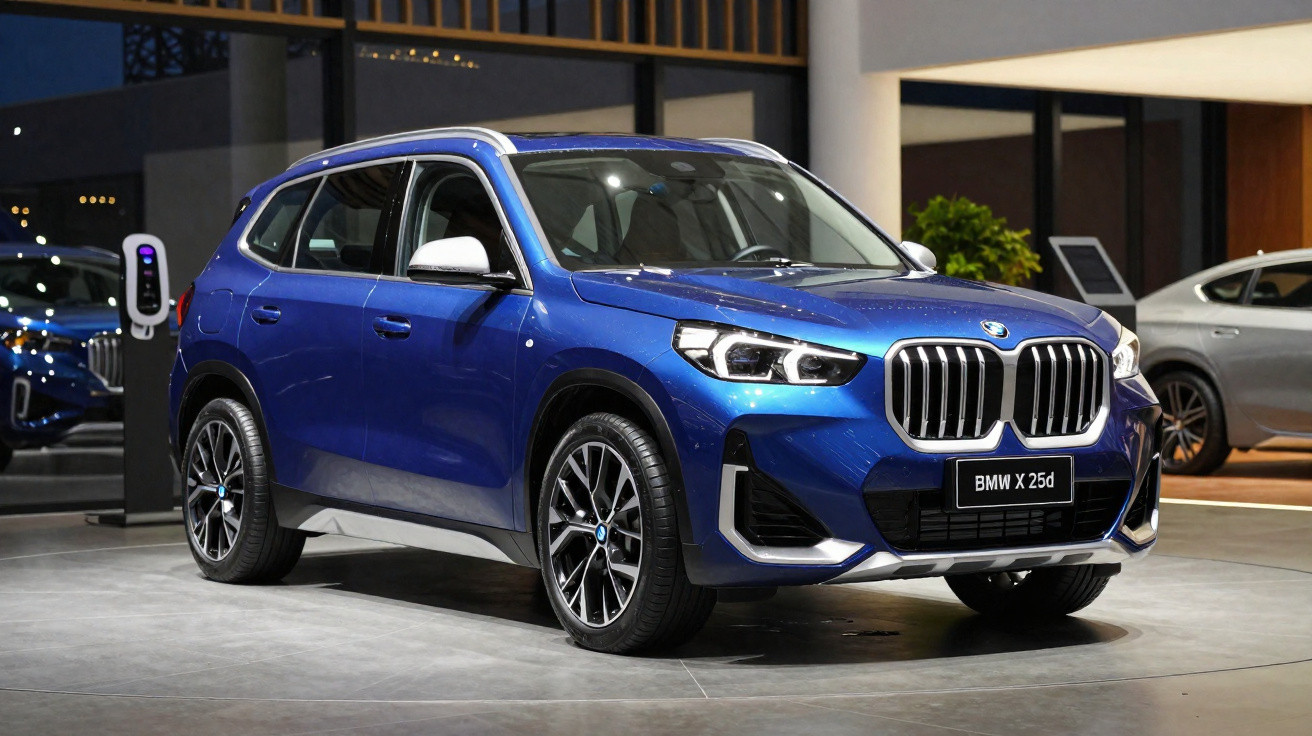 Carro SUV BMW X2 25d azul estacionado em salão de exposição moderno com iluminação interna.