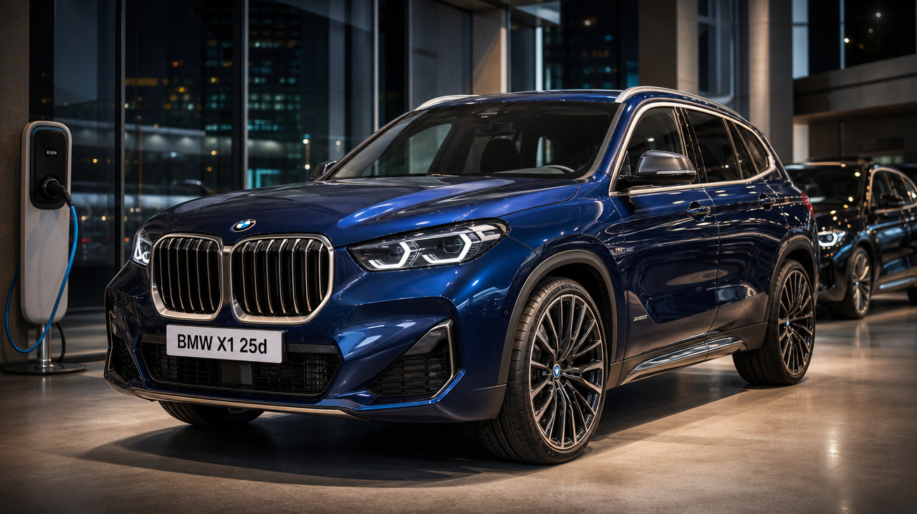 Carro BMW X1 25d azul estacionado em showroom moderno à noite.