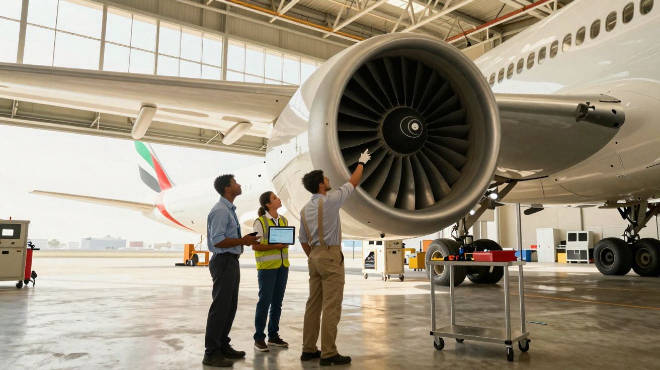 Equipe de técnicos inspecionando motor de avião em hangar de manutenção.