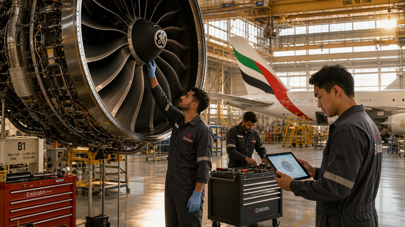 Técnicos da Emirates realizando manutenção em motor de avião dentro de hangar com aeronave ao fundo.