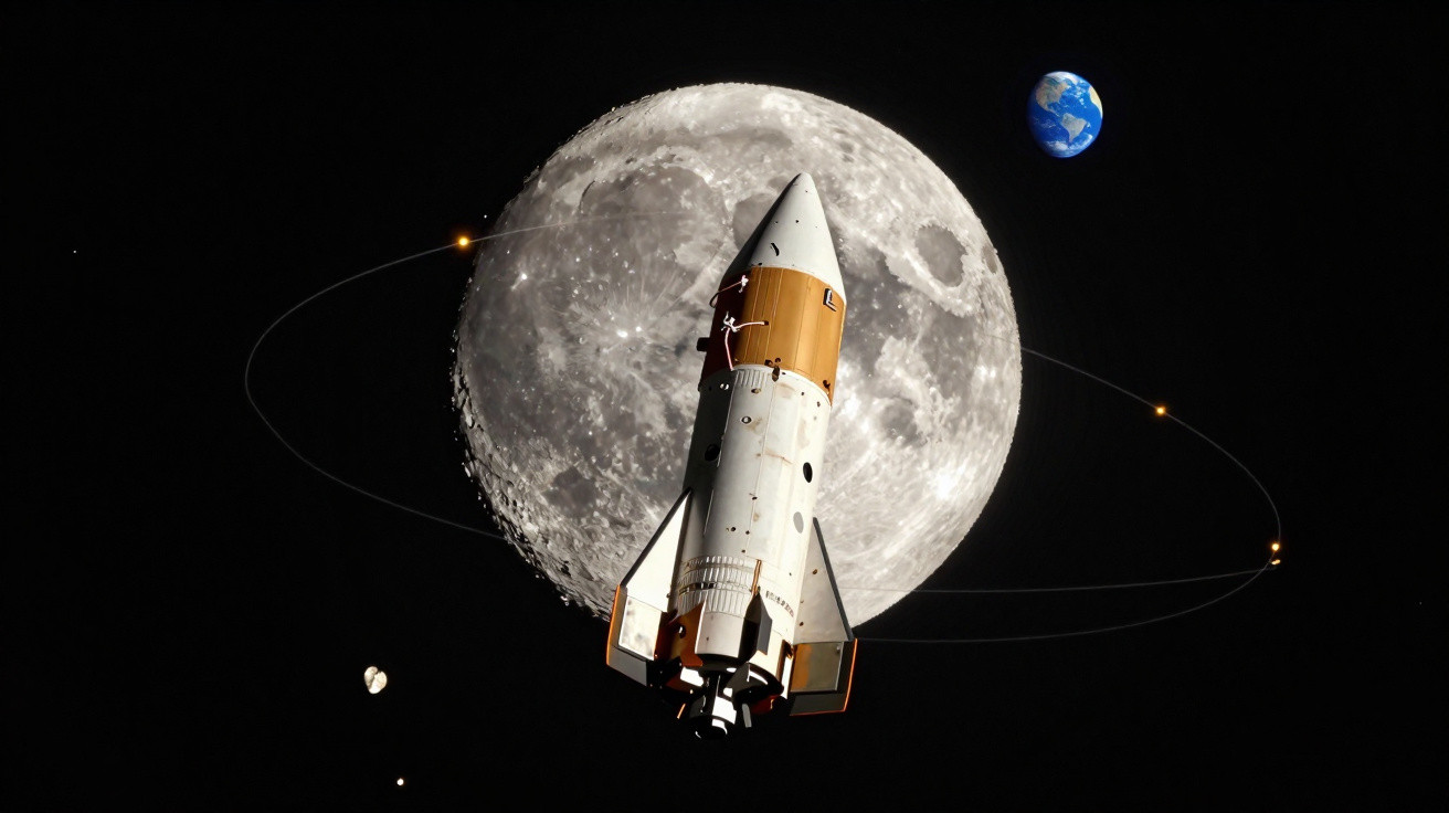 Foguete espacial na frente da Lua com a Terra visível ao fundo no espaço escuro.