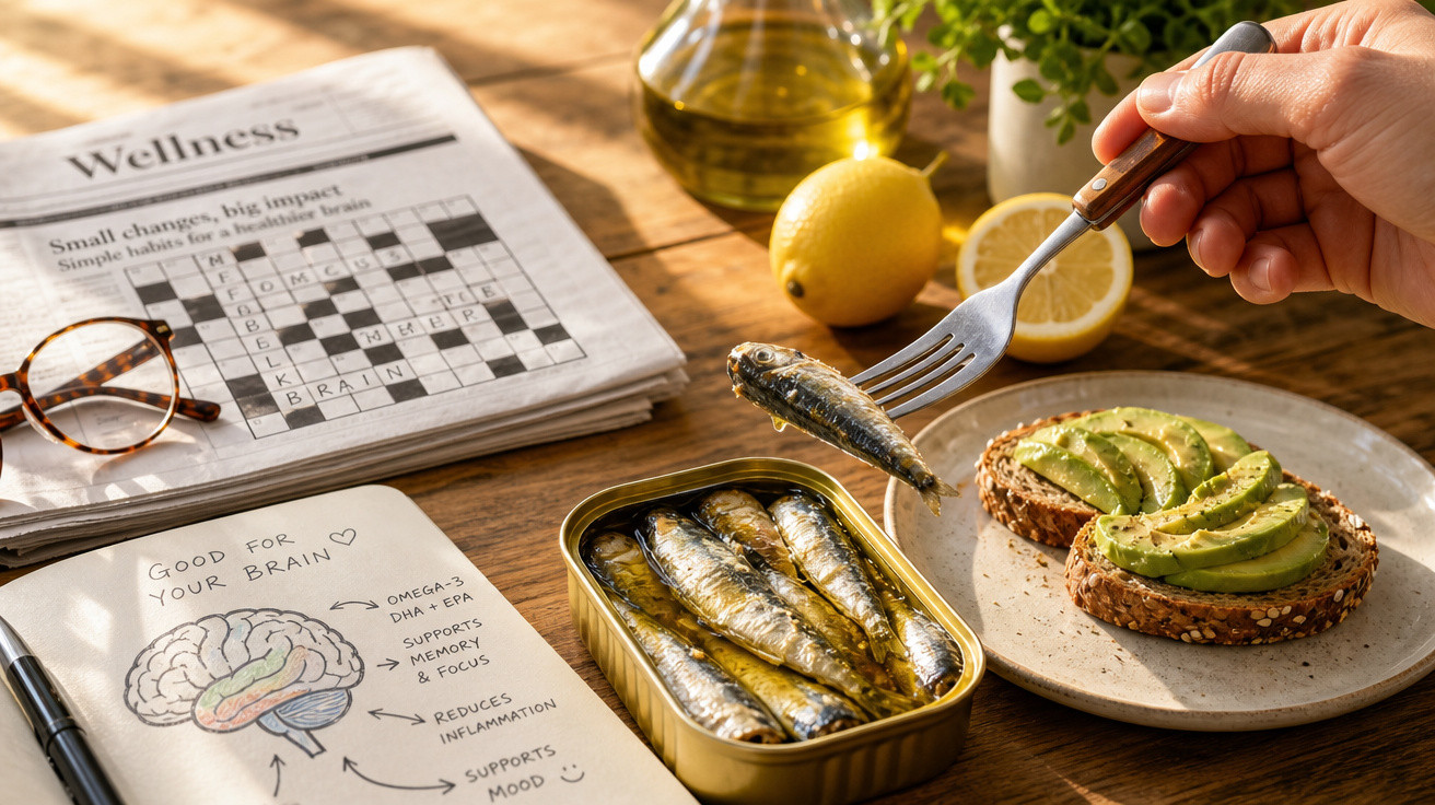 Mão segurando garfo com sardinha, torradas com abacate, suco, limão, jornal e anotações sobre saúde do cérebro.
