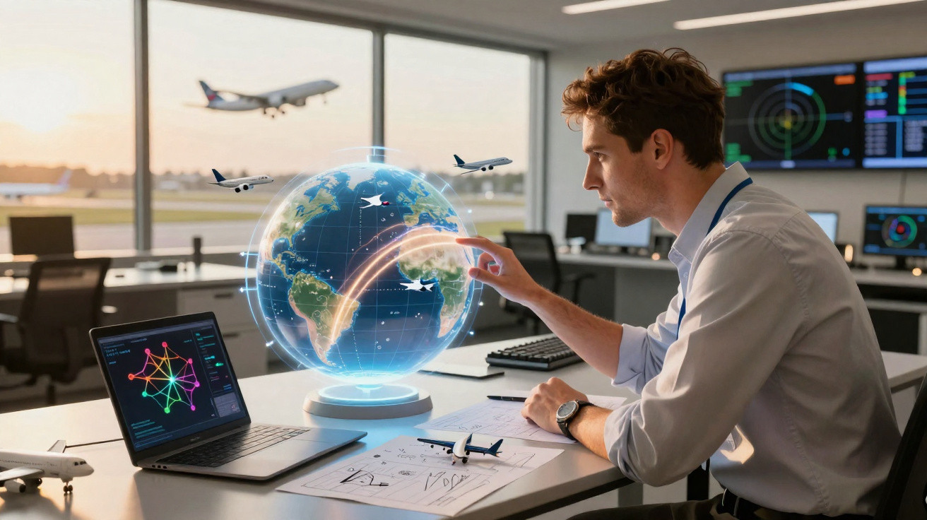 Homem usando tecnologia holográfica para monitorar rotas aéreas em escritório de controle de tráfego.