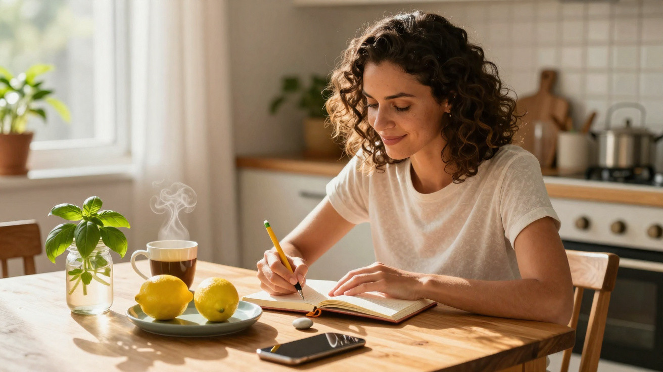 Mulher sorrindo escreve em caderno sentada em cozinha iluminada com xícara, limões e celular sobre mesa.