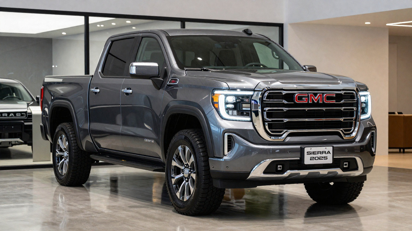 Picape GMC Sierra 2025 cinza metálico exibida em showroom moderno.