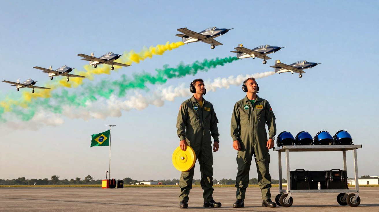 Pilotos da esquadrilha da fumaça em pista com seis aviões formando as cores da bandeira do Brasil no céu.