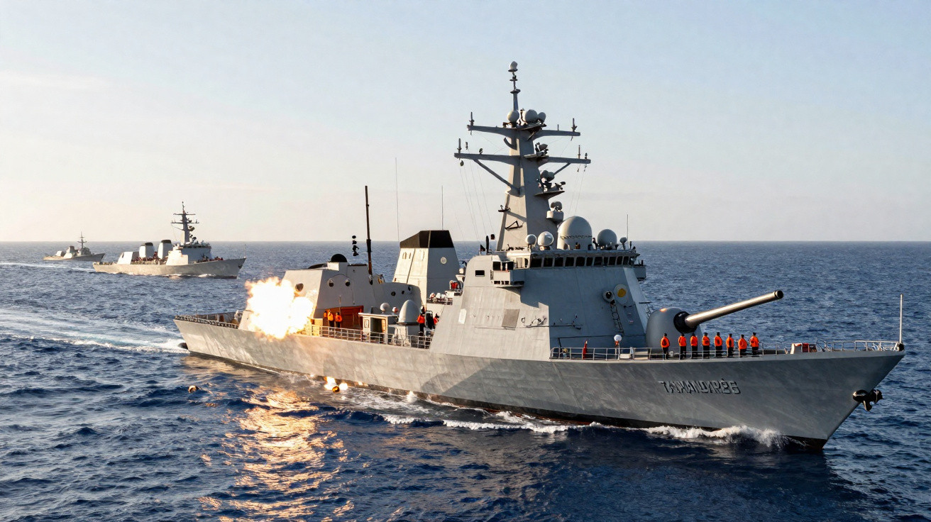 Fragata militar cinza disparando canhão no mar com outras embarcações ao fundo, em dia claro.
