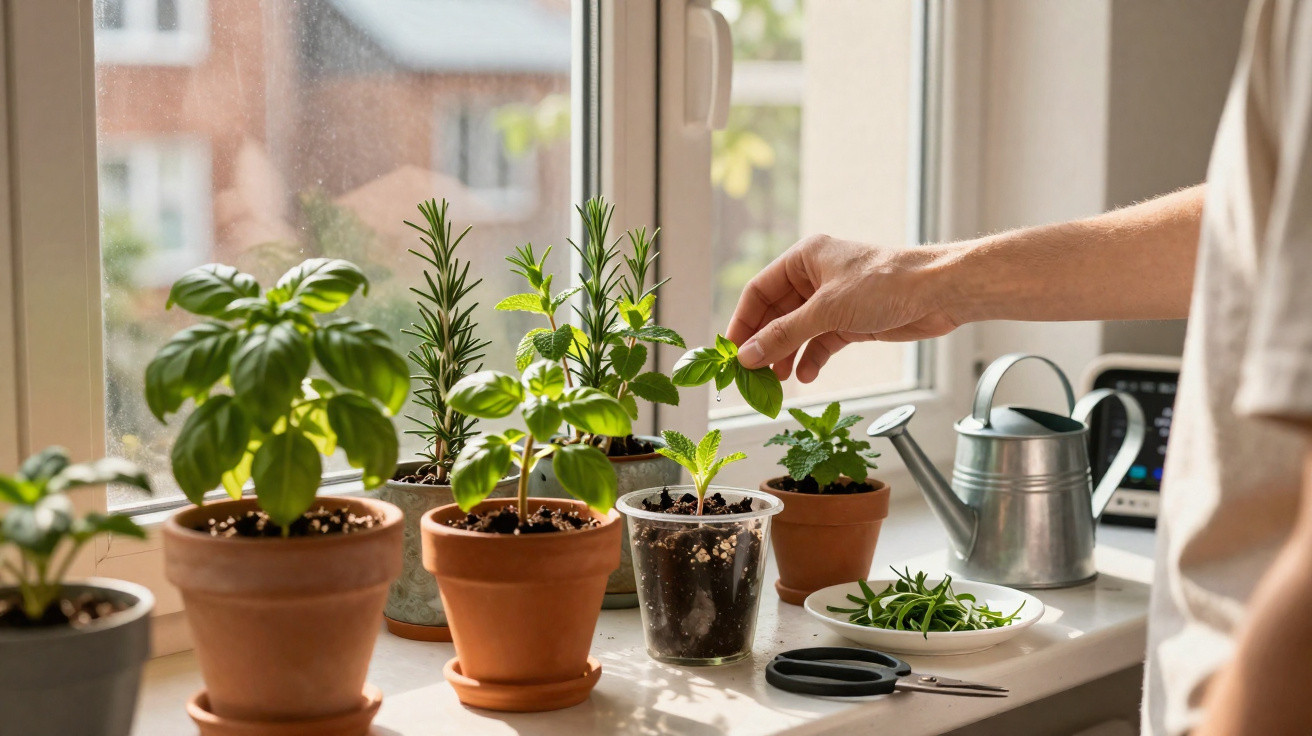 Pessoa cuidando de plantas em vasos na janela, com regador e tesoura ao lado.