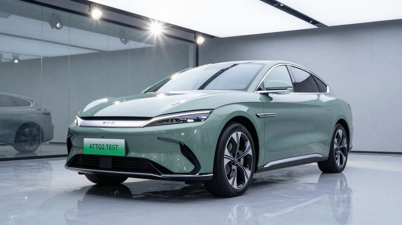 Carro elétrico BYD Atto 2 na cor verde em ambiente interno moderno com piso refletivo e paredes espelhadas.