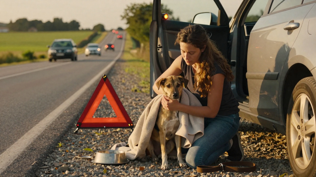 Mulher abraça cachorro com cobertor ao lado de carro quebrado na beira da estrada com triângulo de segurança.