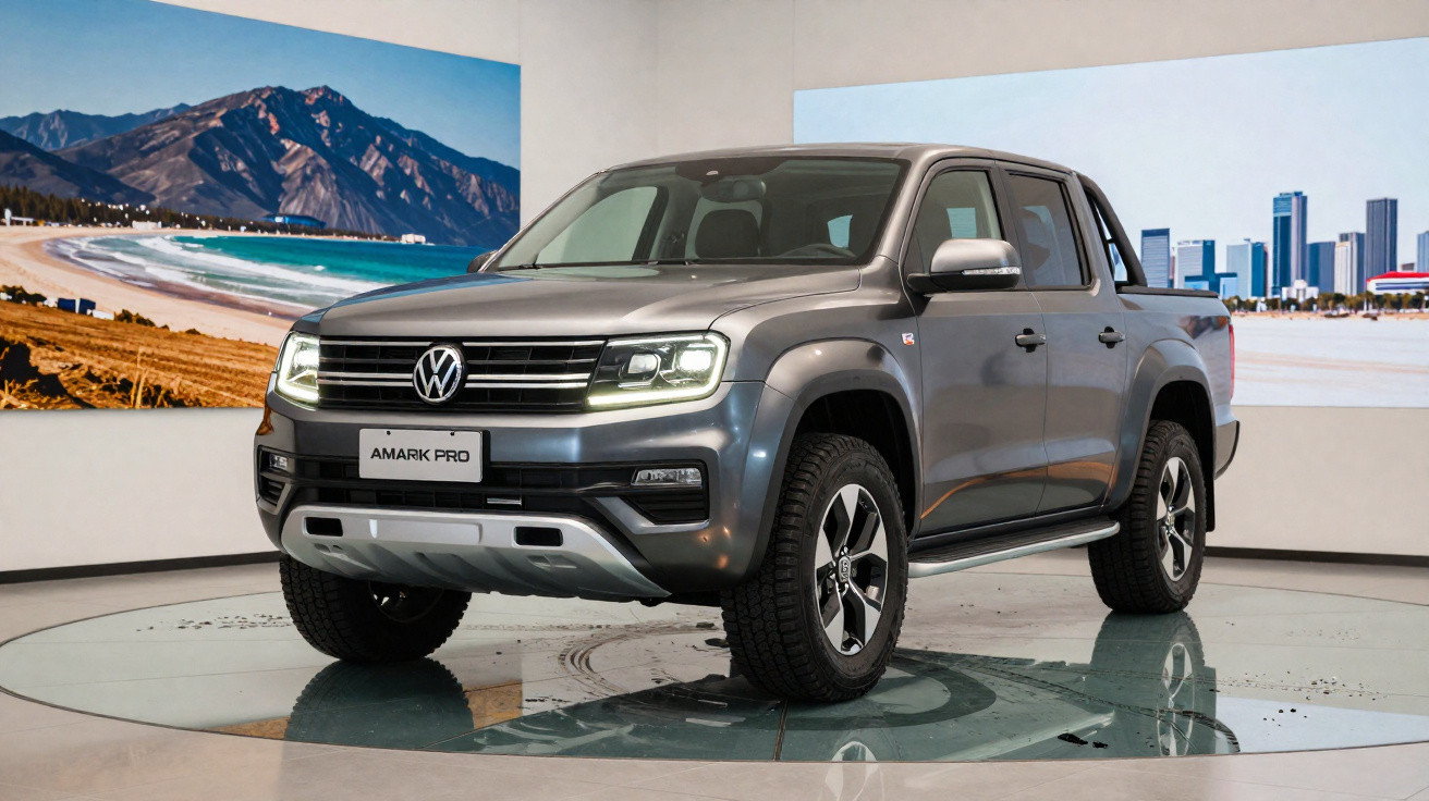 Picape Volkswagen Amarok Pro cinza exibida em salão com fundo de paisagem e cidade.