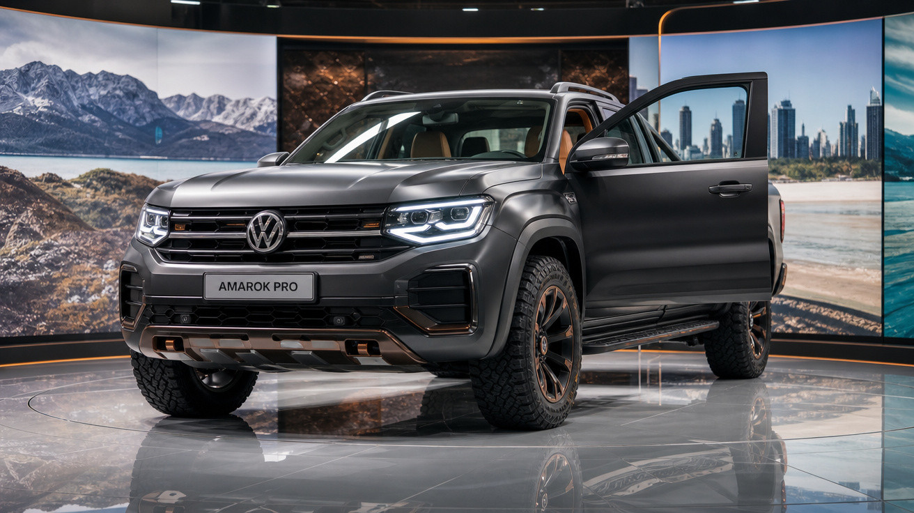 Picape Volkswagen Amarok Pro cinza com porta dianteira aberta em exposição interna.