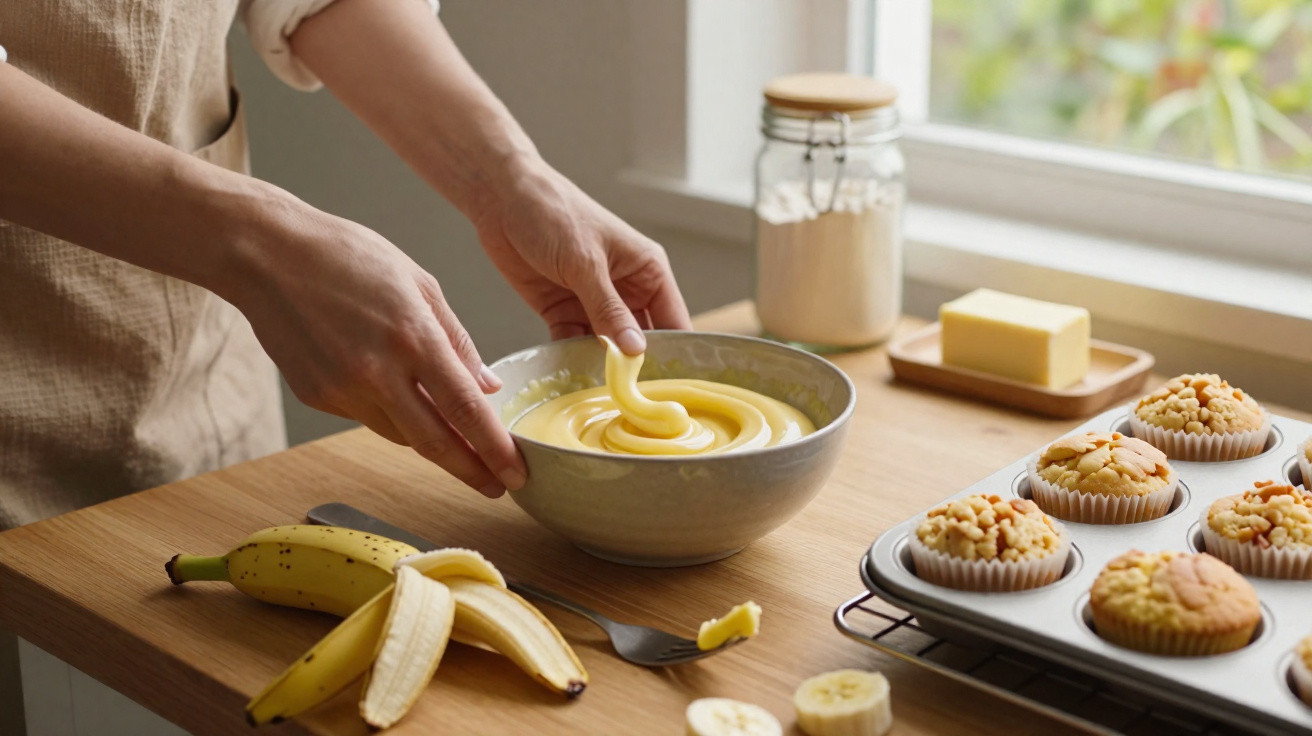 Pessoa mexendo massa de muffin em tigela com banana, manteiga, farinha e muffins assados ao redor.
