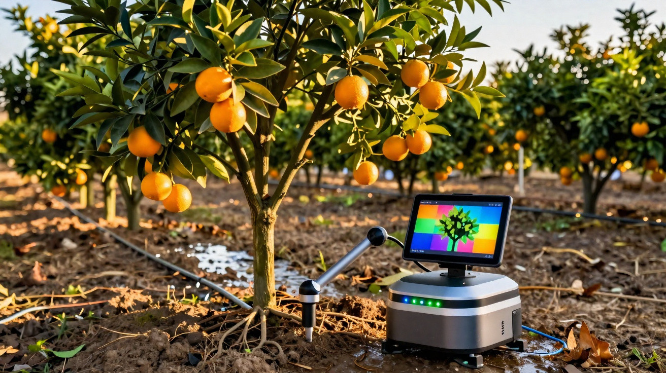Robô agrícola com sensor monitorando a saúde de laranjeira em pomar ao ar livre.