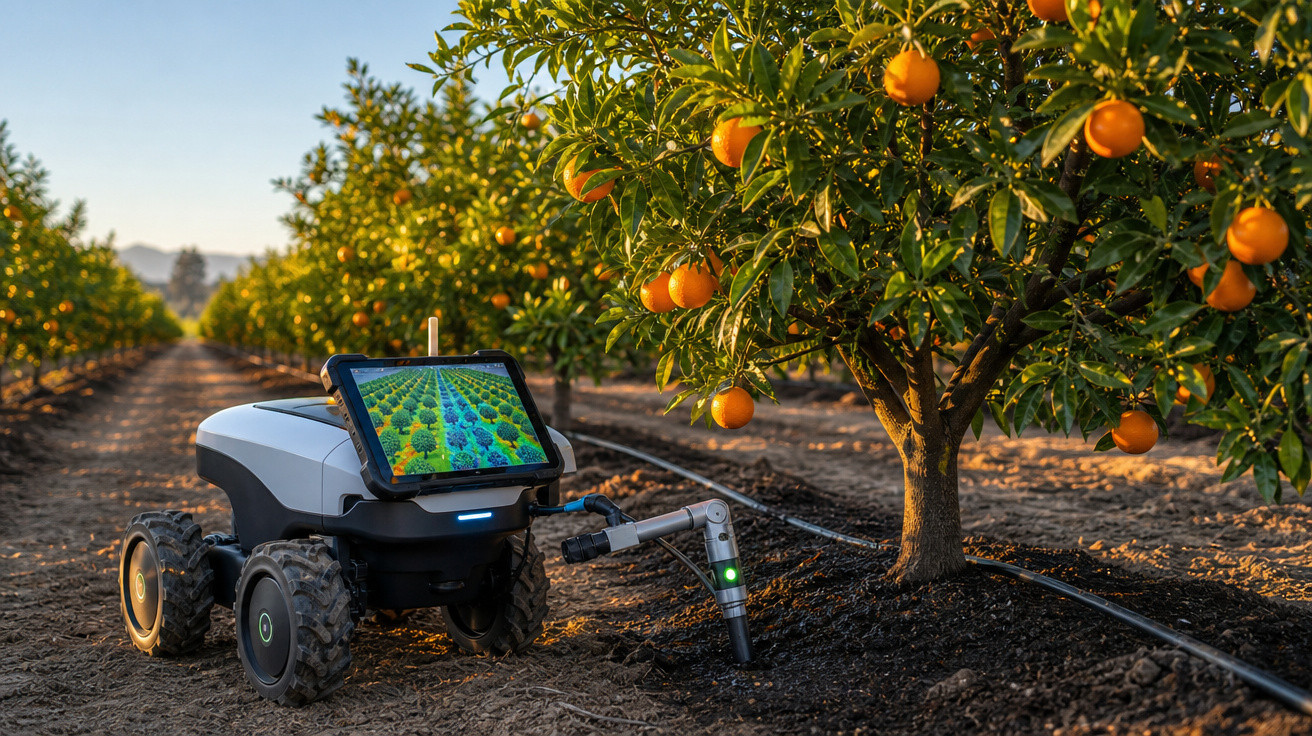 Robô agrícola com sensor monitorando plantações de laranjas em pomares ao pôr do sol.