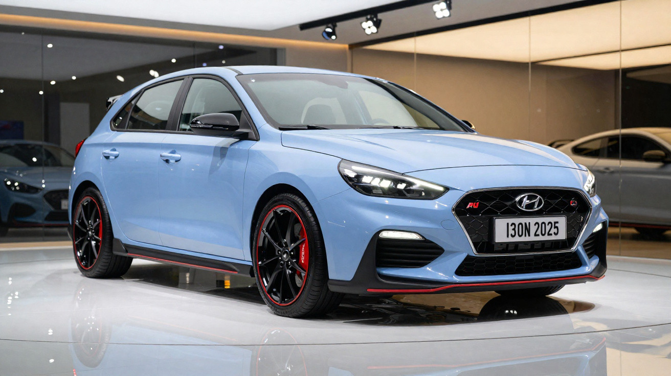 Carro hatchback azul moderno com detalhes em vermelho exposto em salão iluminado e refletivo.