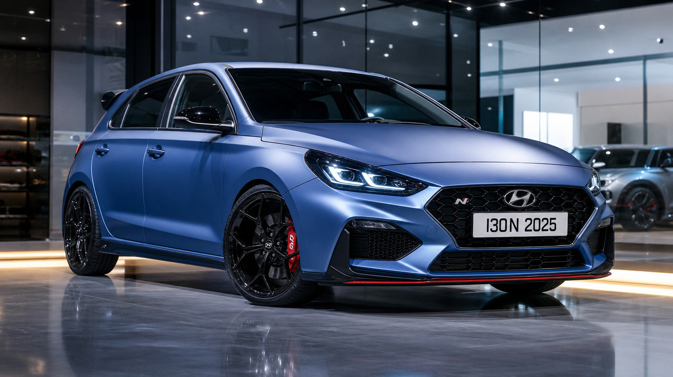 Carro esportivo Hyundai azul metálico estacionado em showroom com piso brilhante e iluminação moderna.