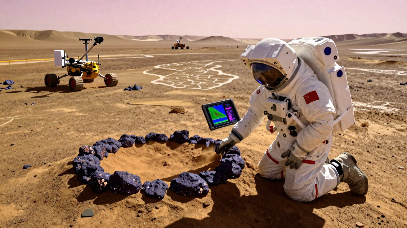Astronauta chinês examina solo marciano com rover e tablet ao fundo em paisagem desértica.