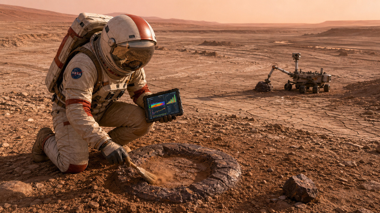 Astronauta em traje completo analisa solo marciano com tablet, rover ao fundo em terreno árido e avermelhado.