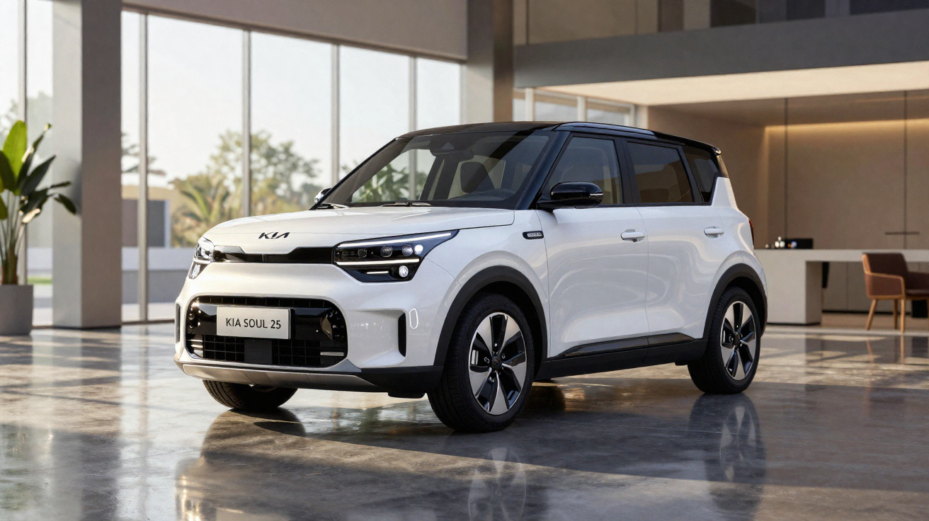 Carro elétrico Kia Soul 2025 branco com teto preto exibido em ambiente interno moderno e iluminado.